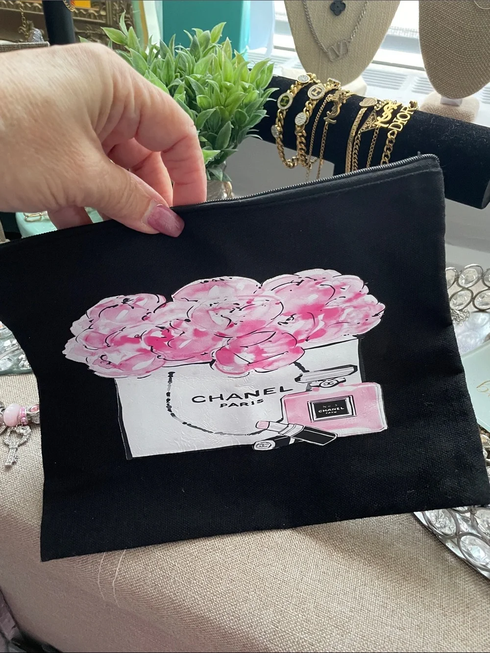 ✨💕Pink Floral Black Canvas Cosmetic Pouch with Floral and Perfume Print💕✨